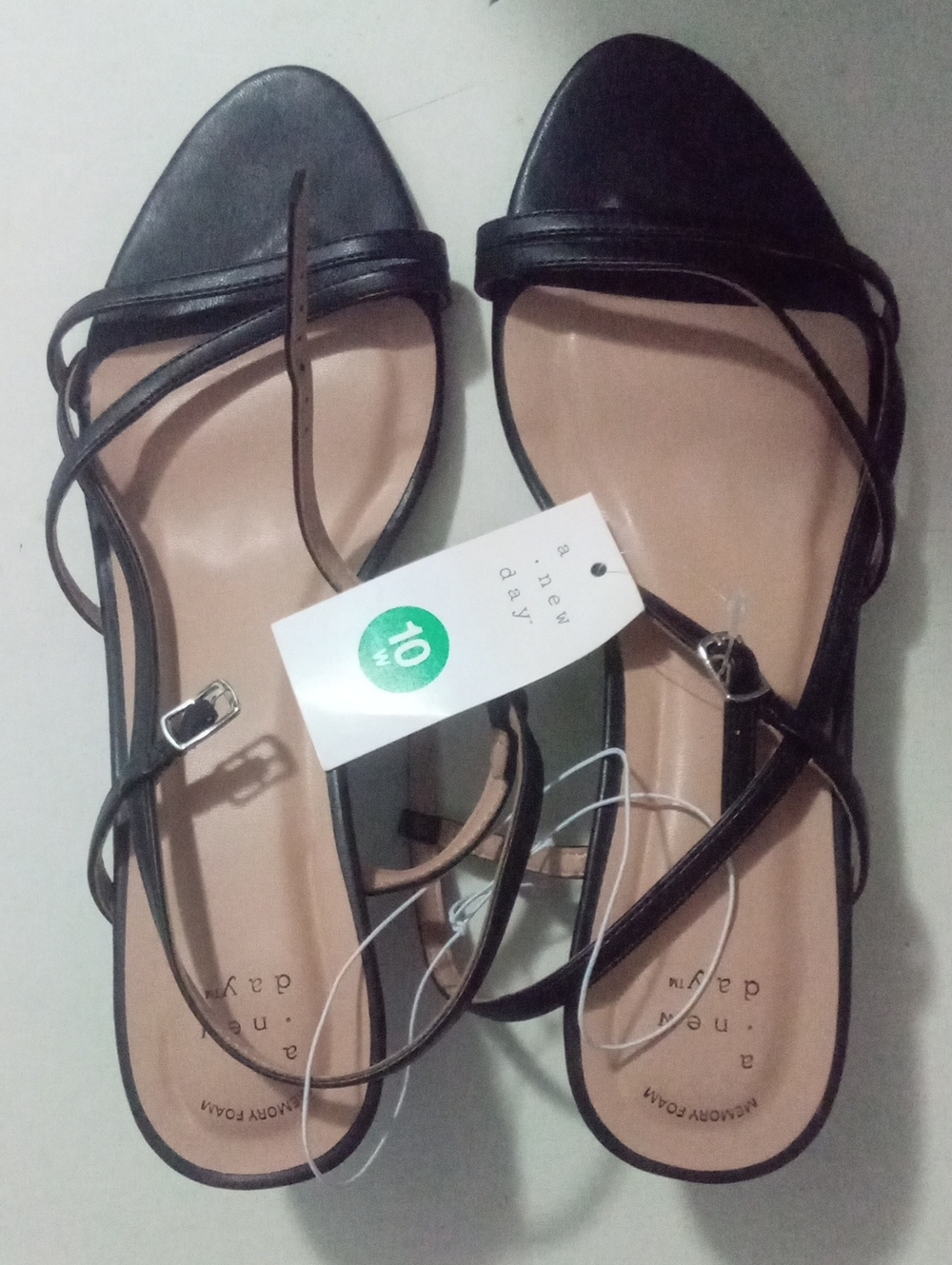 a new day Black Strappy Sandals with Tan Footbed 10W 10 Wide NWT $40